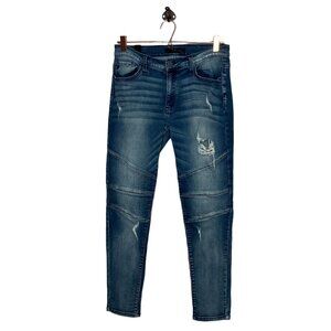 Kancan Size 11 29 Dark Wash Denim‎ Distressed Stretch Moto Mid Rise Skinny Jeans